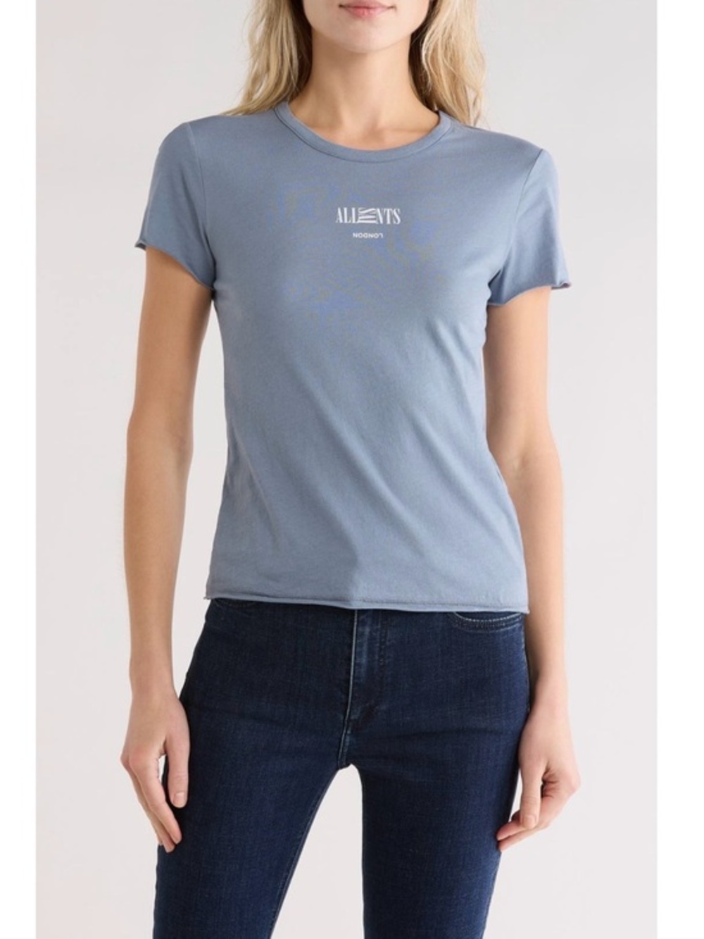AllSaints Burman Bela Logo Graphic T-Shirt in Flint Stone Blue Size M